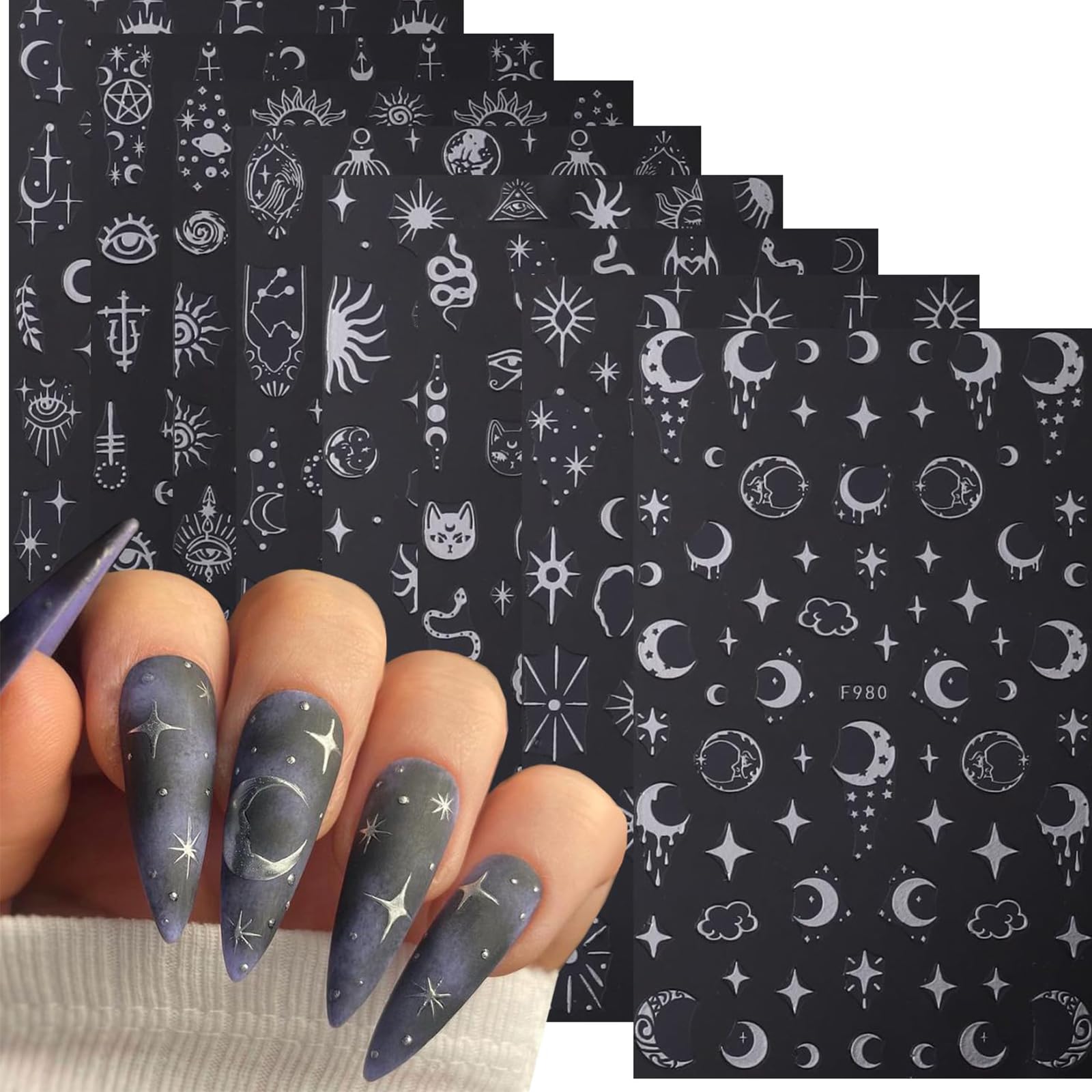 Kryzalite Mond-Stern-Nagelaufkleber – 8 Bögen Mit 3D-Design, Selbstklebend In Gold & Silber