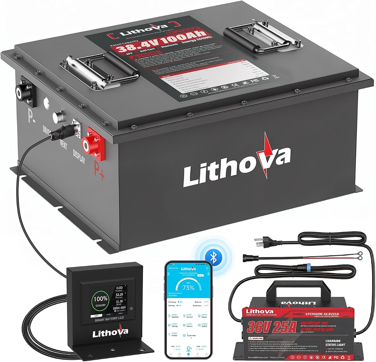 36V 100Ah Metal Case Lithium Golf Cart Battery Kit with 25A Charger Display