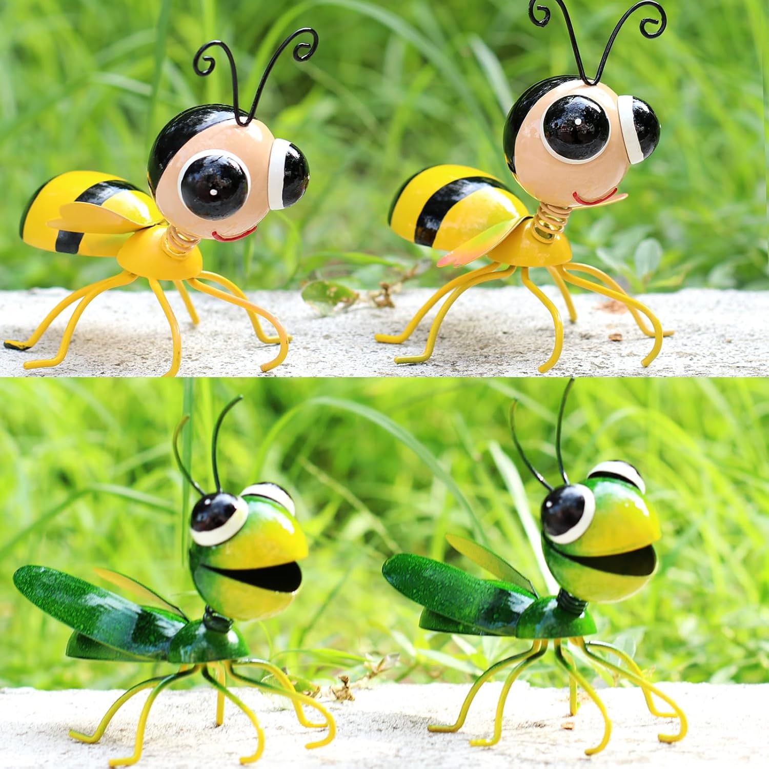 Cruis Cuka Metal Yard Art Garden Decor Cute Grasshopper & Bee Lawn Ornament Backyard Decorations ​Animal Hanging Flower Pot and Vase Hugger - Set of 4