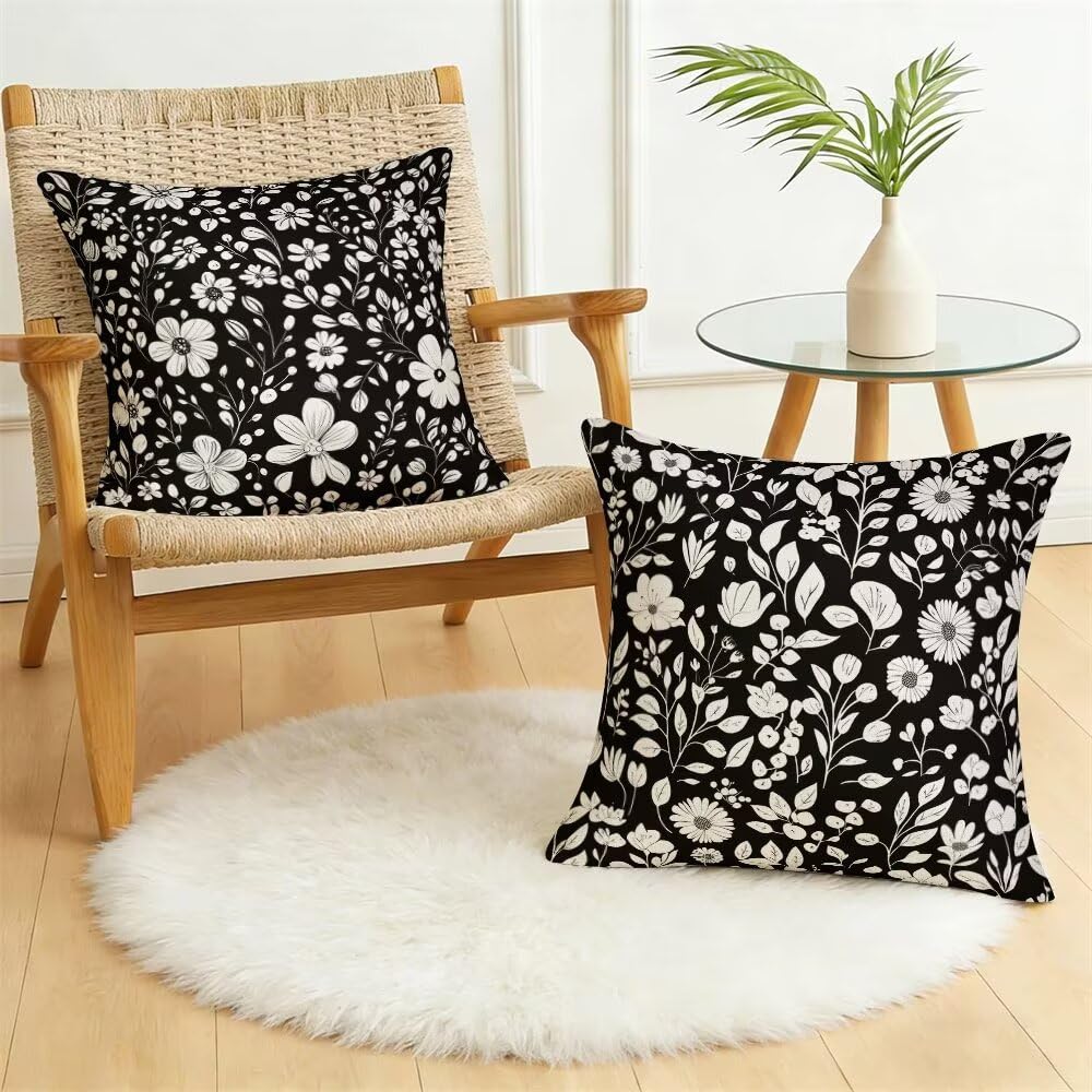 Federe Cuscini da Esterno Impermeabili 65x65 Bianco e Nero Copri Cuscini per Divano Floreale Federa Cuscino Primavera Decorativi Copricuscini per Divano Giardino Patio Soggiorno Set di 2 (IU197)