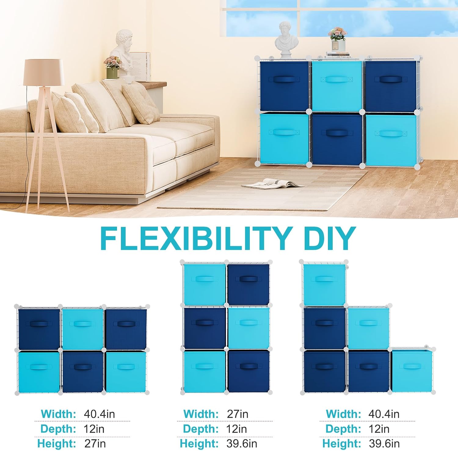 Leinuosen 6 Cube Storage Organizer with 6 Foldable Fabric Storage Bins, Metal Wire Grid Shelves, Stackable Modular Closet Organizer for Bedroom Living Room Office Toys Books(White,Blue) image 4