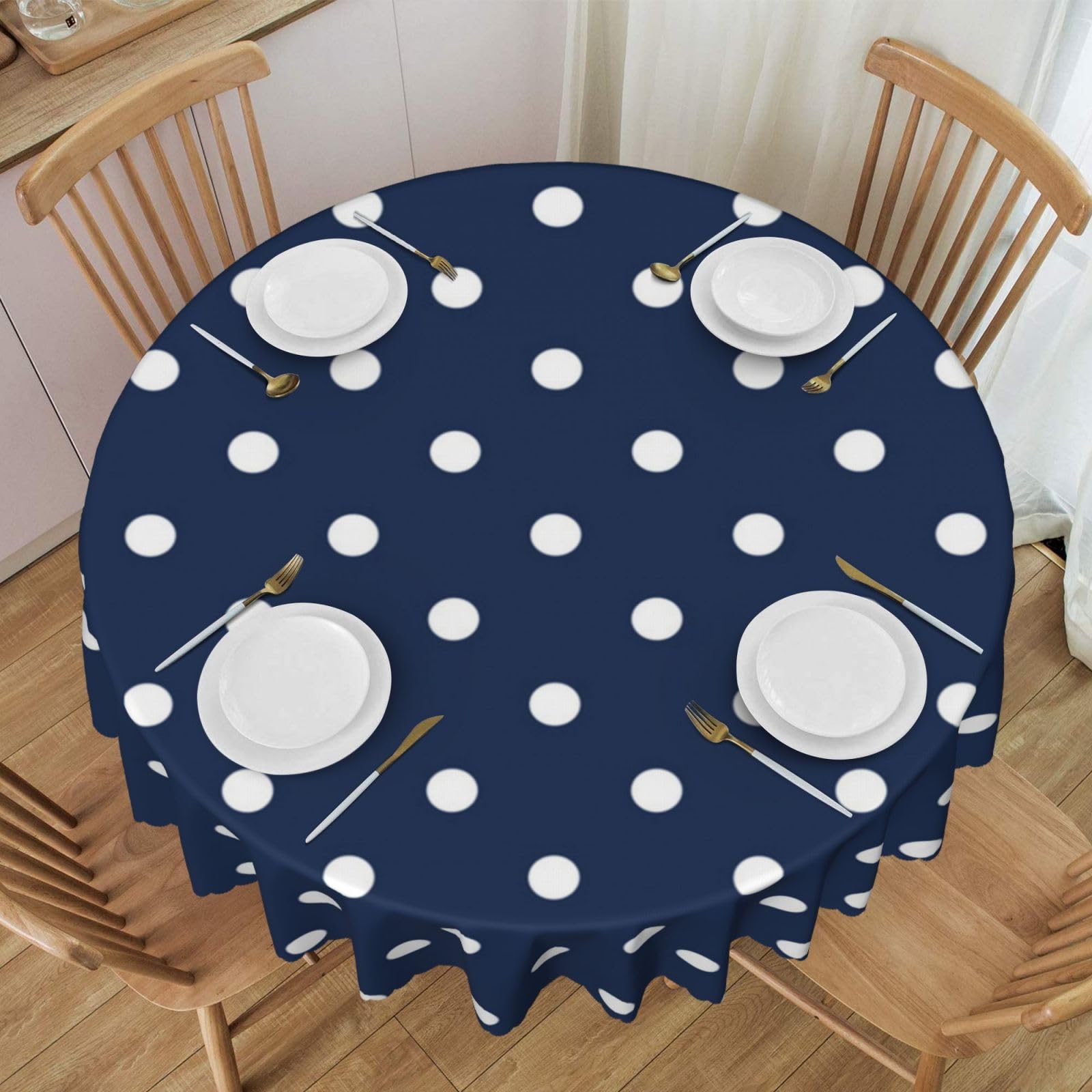 Nappe ronde à pois blancs bleu marine de 180 cm idéale pour repas de famille