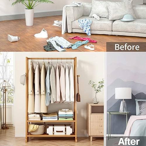 Miniatura 3 de Estante de ropa resistente, estantes de almacenamiento de 2 niveles, estantes de ropa de bambú con barra para colgar, añade espacio en el armario,