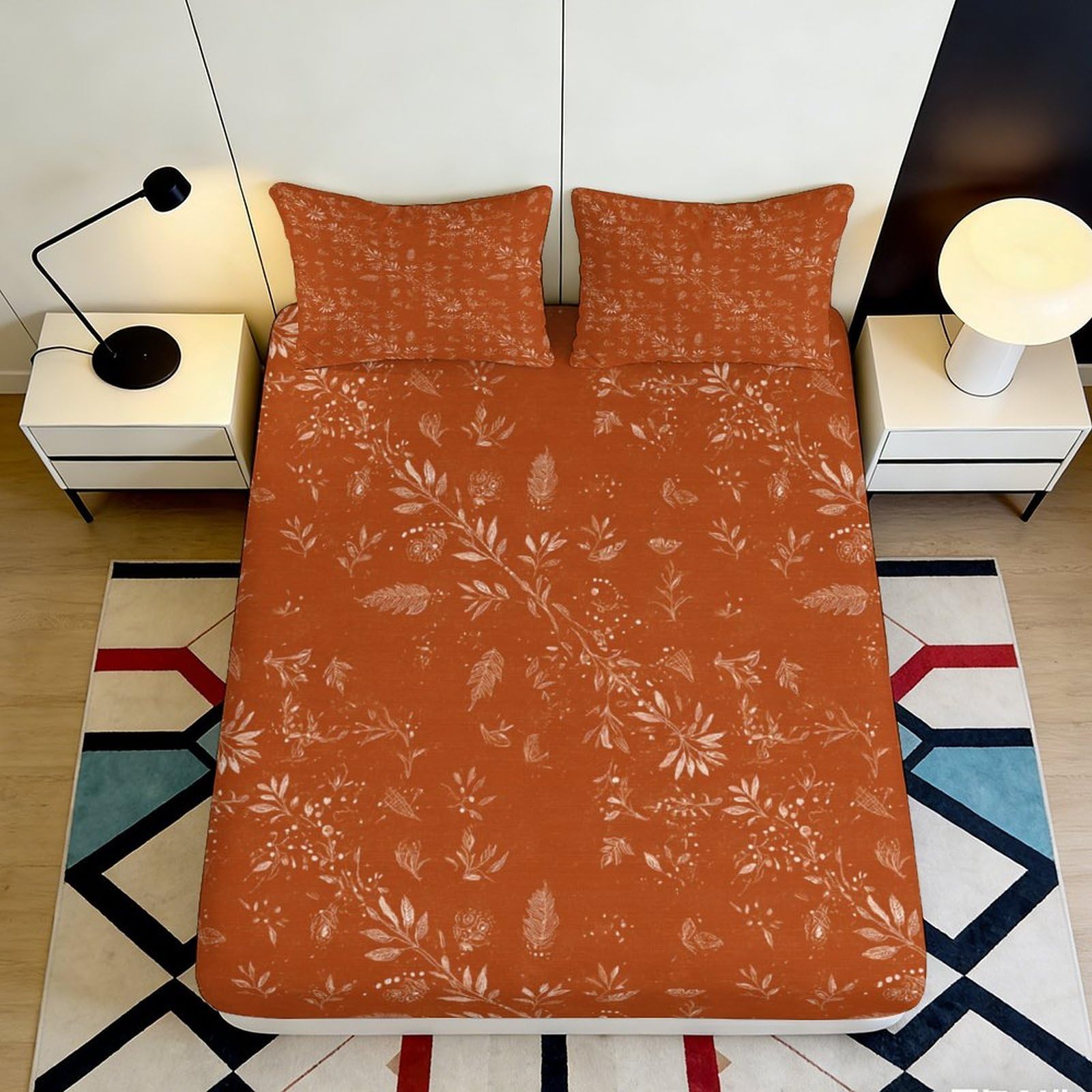 3D Printed Rust Leaf Fitted Sheet Microfiber Soft Breathable Autumn Botanical Mattress Cover for Bedroom Guest Room 90x200x25cm