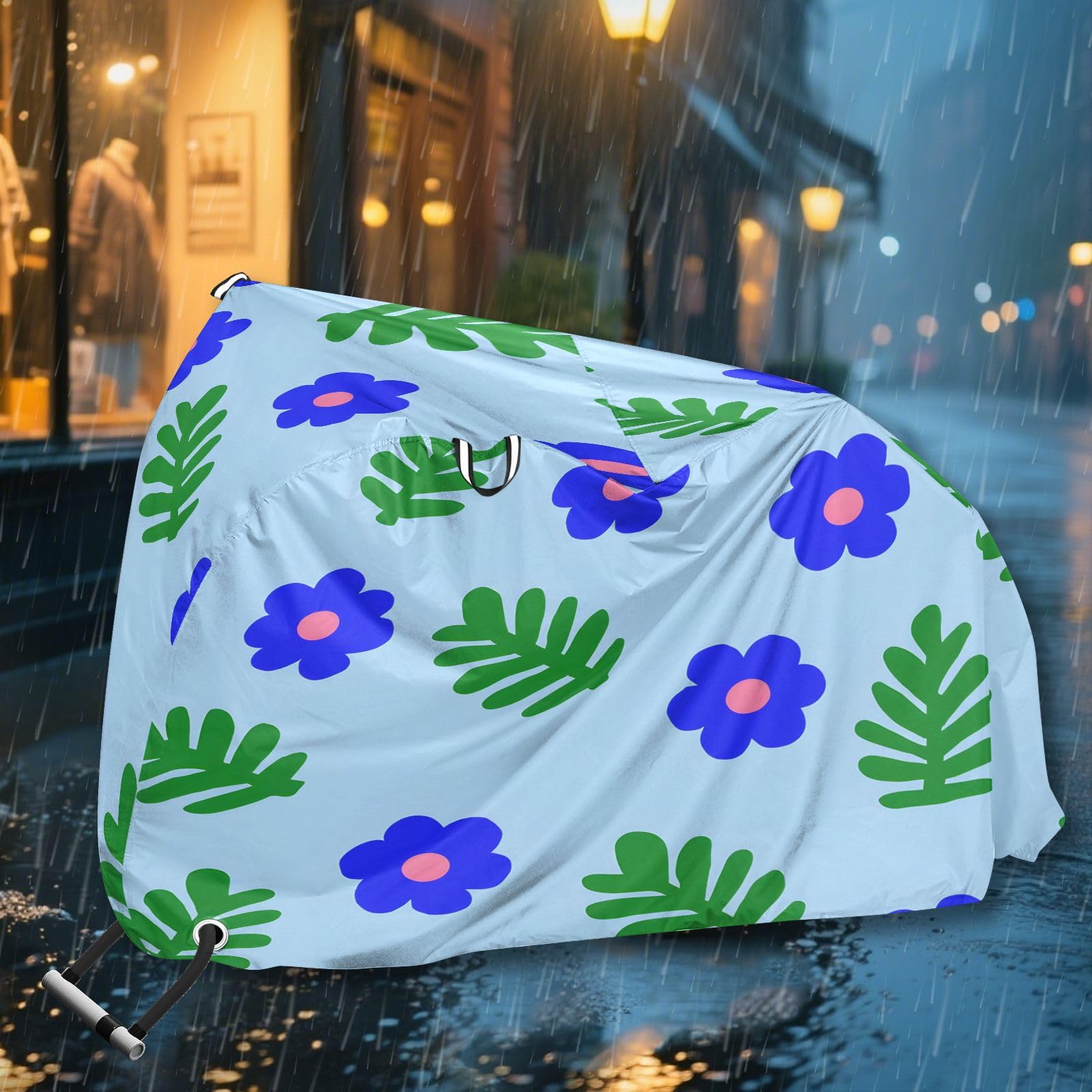 Pokrowiec na rower, wodoodporny, outdoorowy, rowerowy, motorower, wytrzymały, wiatroszczelny, ochrona przed słońcem, do roweru górskiego, szosowego, niebieskie kwiaty
