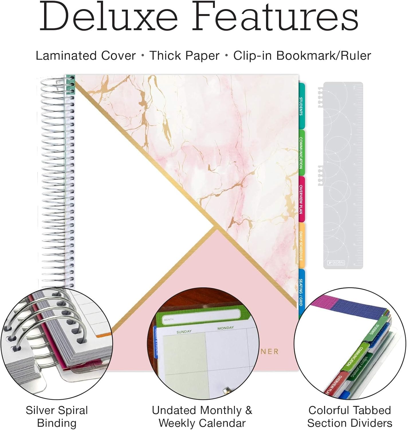 Elan Publishing Company DELUXE Undated Teacher Planner: 8.5x11 Includes 7 Periods, Page Tabs, Bookmark, Planning Stickers, Pocket Folder Daily Weekly Monthly Planner Yearly Agenda (Pink Marble)