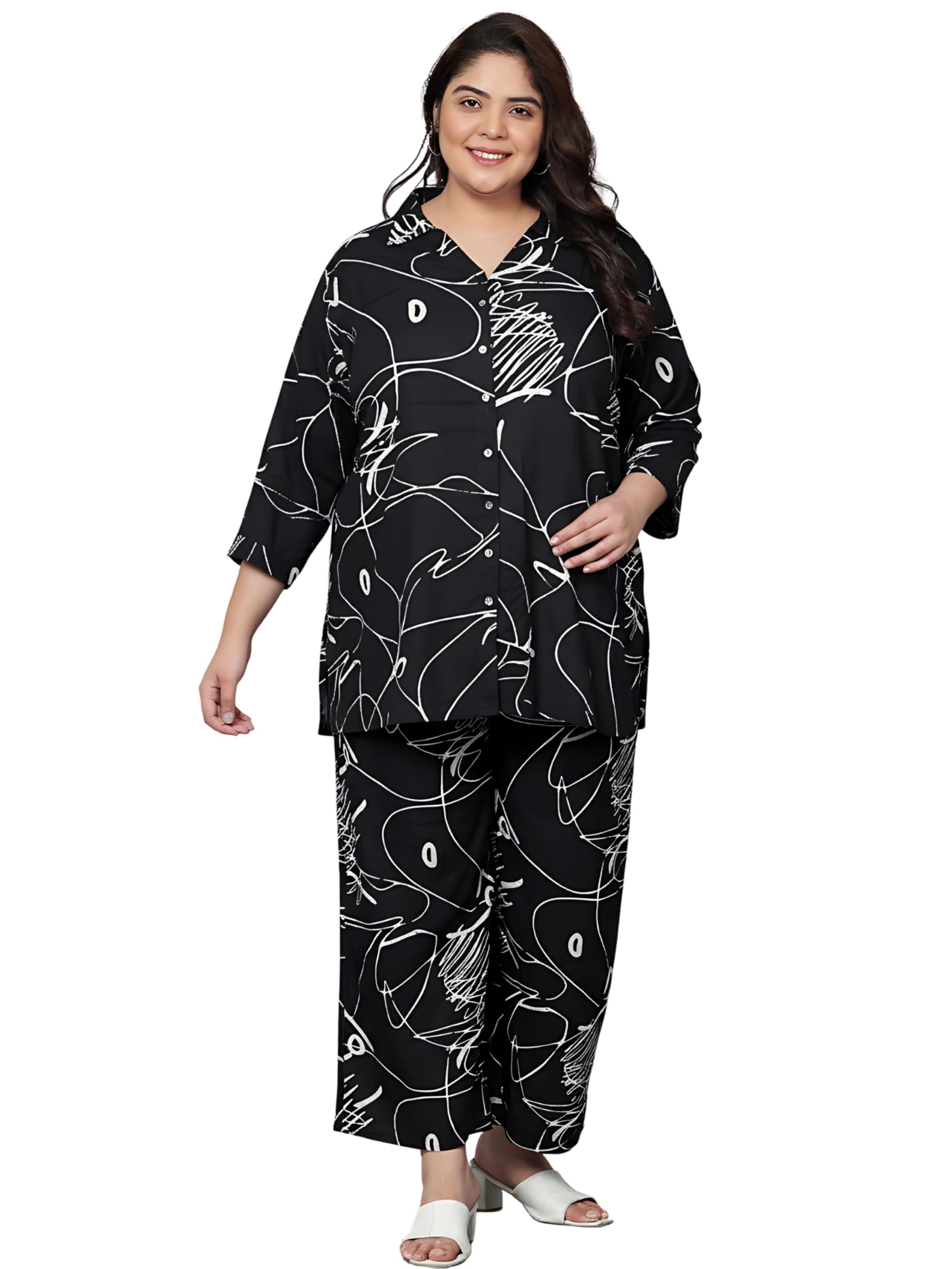 Indietoga Women Scribble Print Rayon Shirt and Pyjamas Nightsuit-picture-33