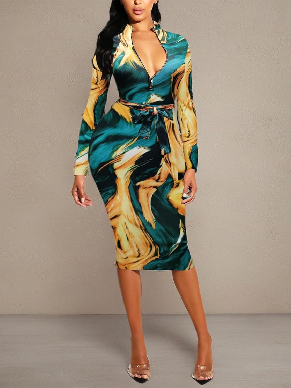 ECHOINE Women Sexy Floral Print V Neck Long Sleeve Front Zipper Stretchy Pencil Midi Bodycon Dress Office Work with Belt - Image 5