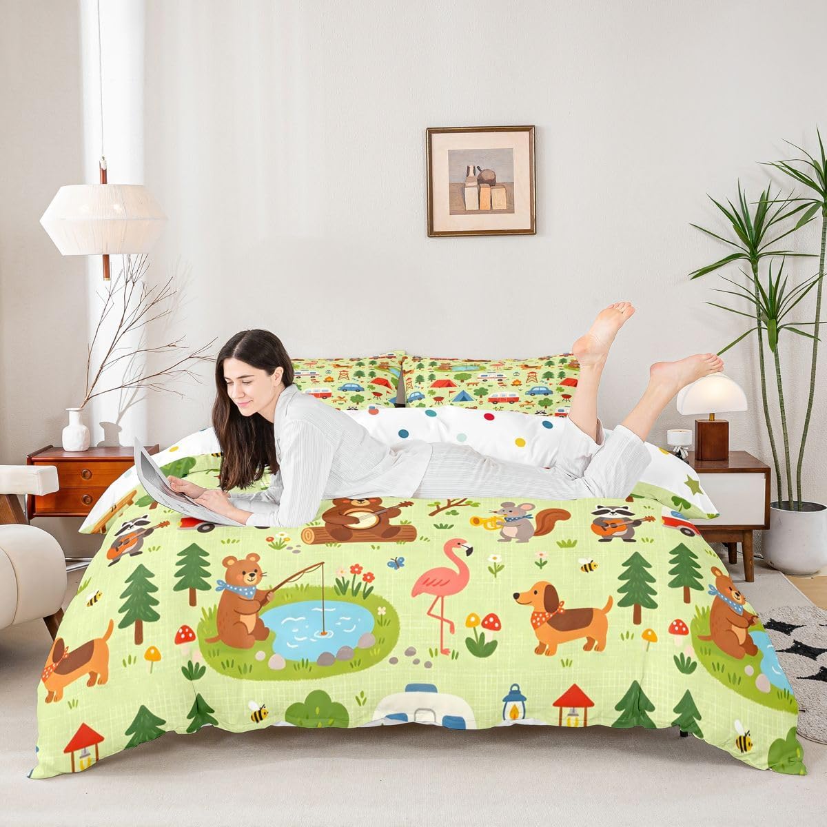 Castle Fairy Camping Animal Duvet Cover Set Cartoon Bedding Set Cute Quilt Cover with Zipper Closure Kids Boys Girls Room Decor 2 Pillowcase No Comforter 3Pcs Queen Light Green image 3