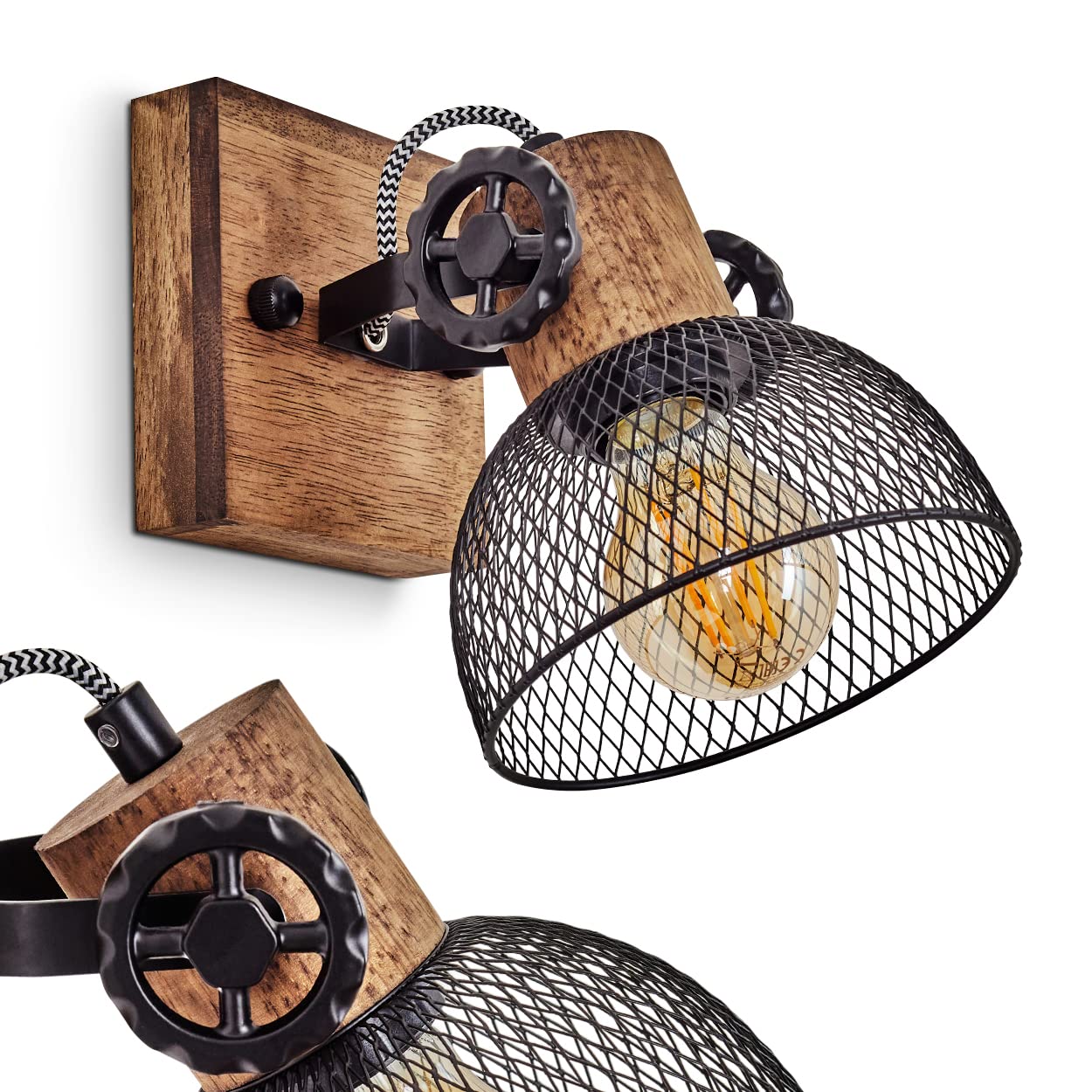 Wall Light Orny, wall lamp in Vintage Design Made of Wood/Metal in Brown/Black with lampshade in Lattice Optic, Light with Wooden Beams, Textile Cables and Adjustable Spotlight, 1 x E27, Without Bulb