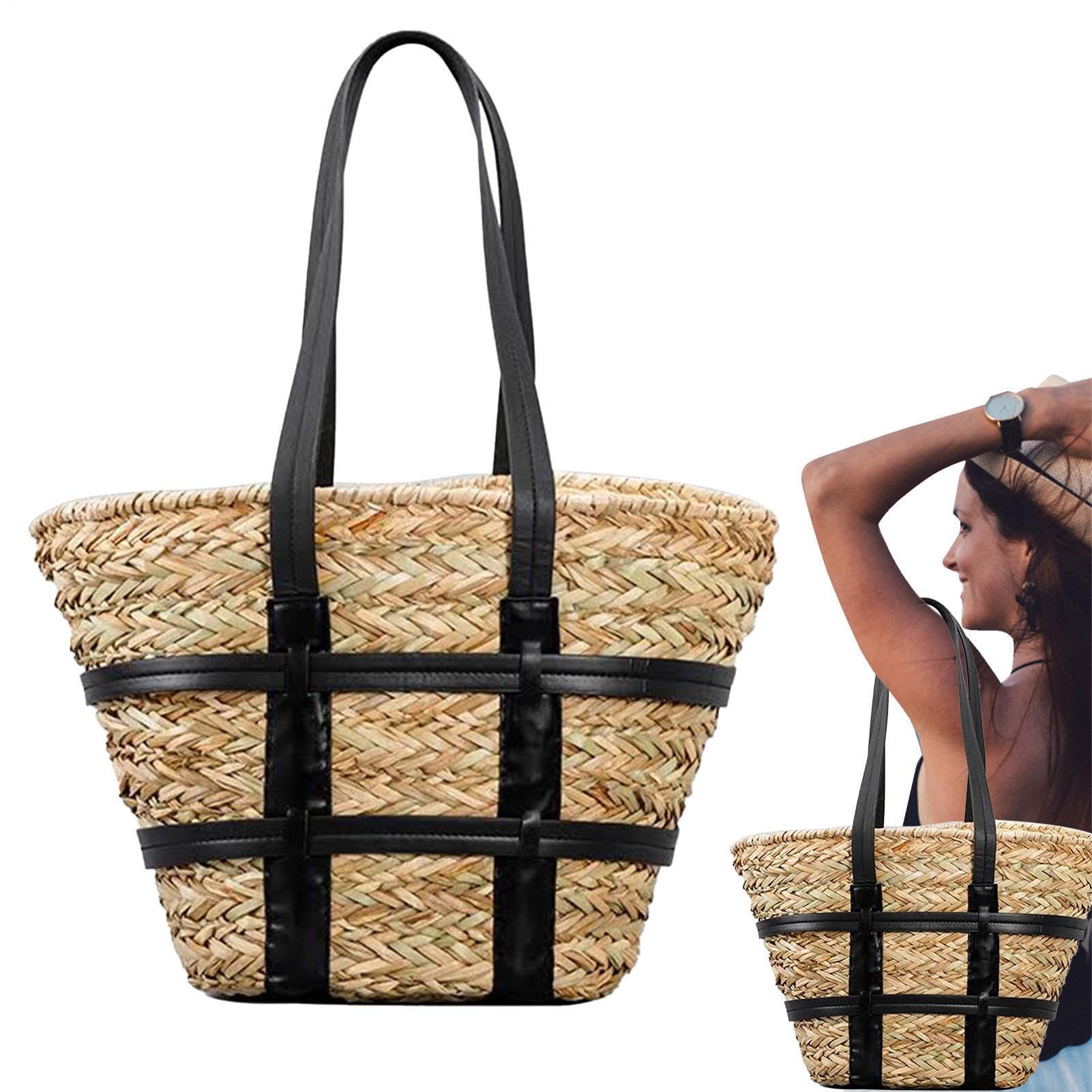 Słomiana Torba Shopper Duża retro ręcznie pleciona torba na ramię | Słoma Dla Kobiet Dziewczyn Przyjaciółek Plaża Zakupy Kemping Wesele Spotkanie Outdoor