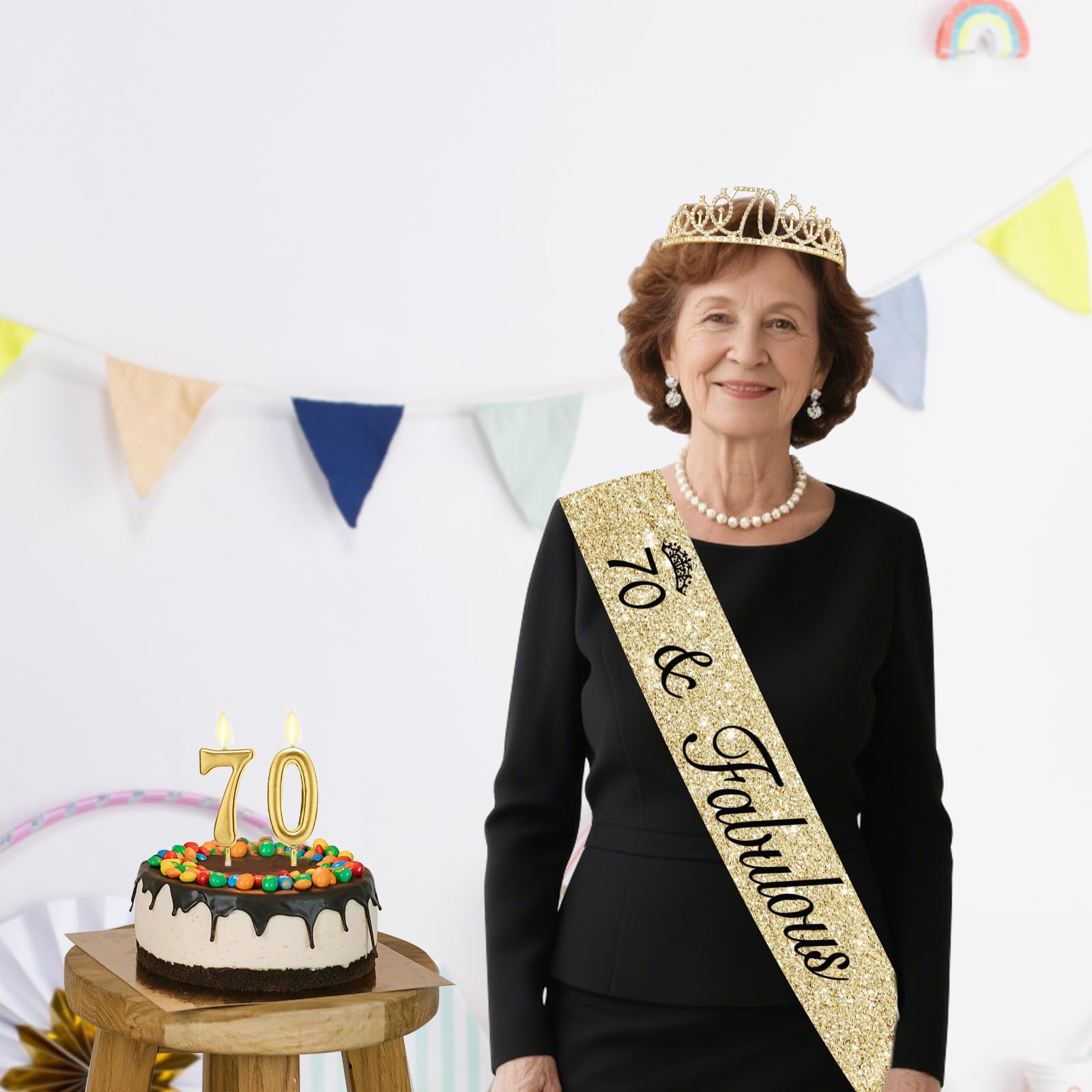 70th Birthday Decorations for Women - Gold Tiara & Sash -5