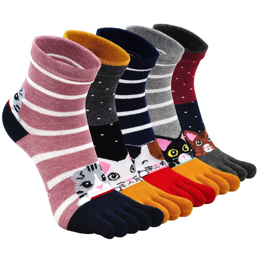 Zakasa Women's Kittens-5 Pairs Toe Socks For Five Finger Socks Funny Cartoon Cotton Ankle Sock With Toes Novelty Sports Socks 4/5 Pairs