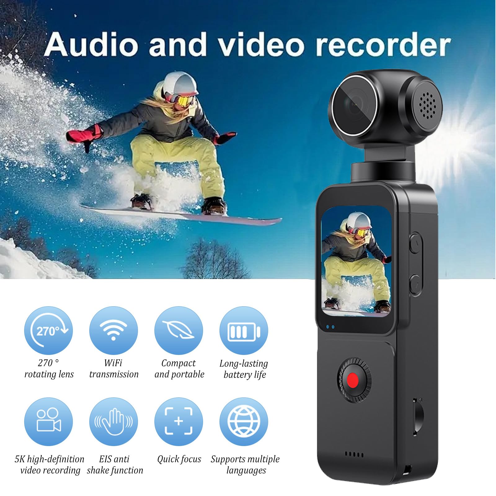 5K Bodycam Körperkamera,Vlog Kamera mit Externem Mikrofon,270° drehbares Objektiv,EIS Bildstabilisierung, WiFi App-Steuerung,Clip & Gurt – Inkl.64GB Karte Vlogging Camera für Sport,Reisen & Action