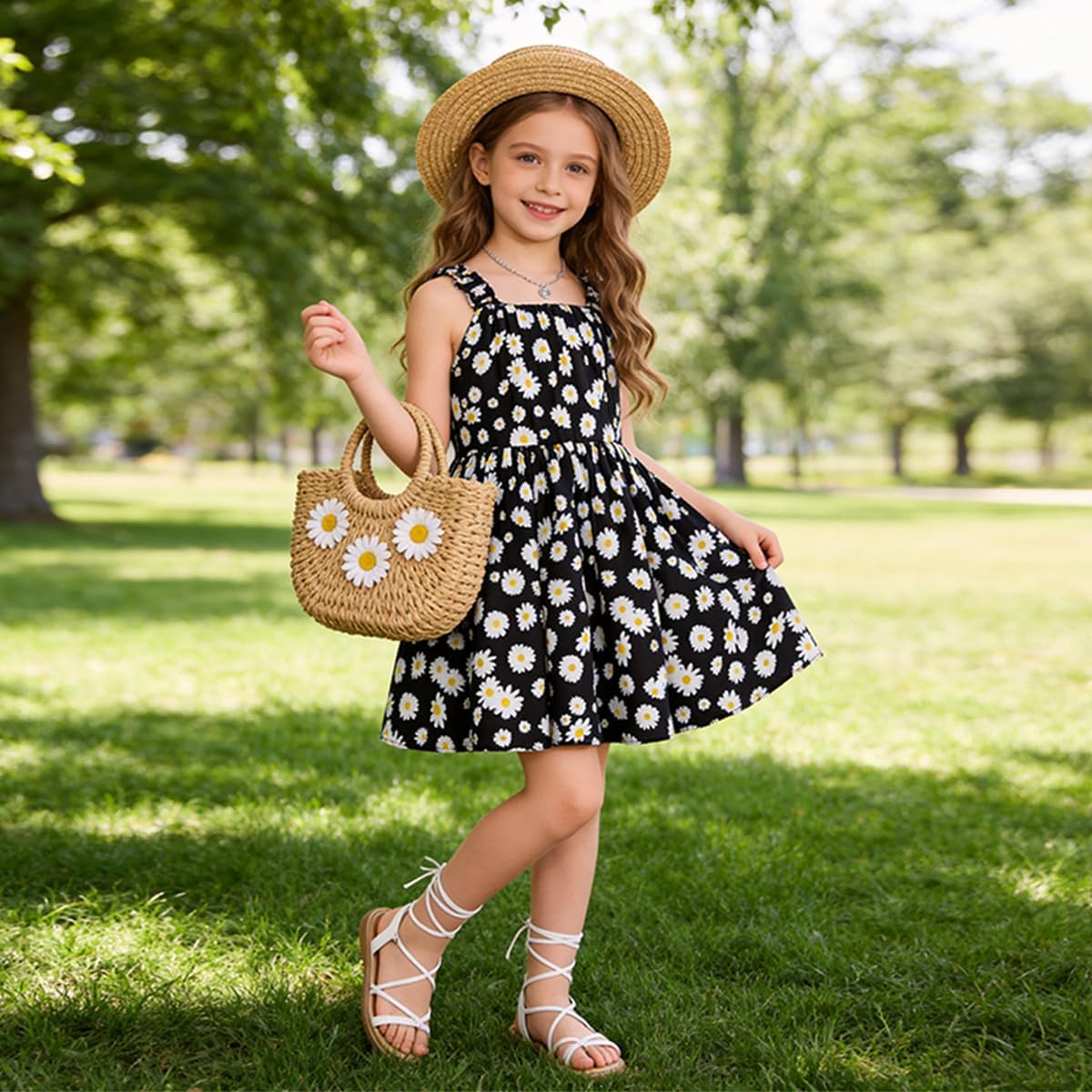 Girls Summer Dress Cute Daisy Floral Print Sleeveless Ruffle Strap Sundress A-Line Casual Swing Dress for Kids