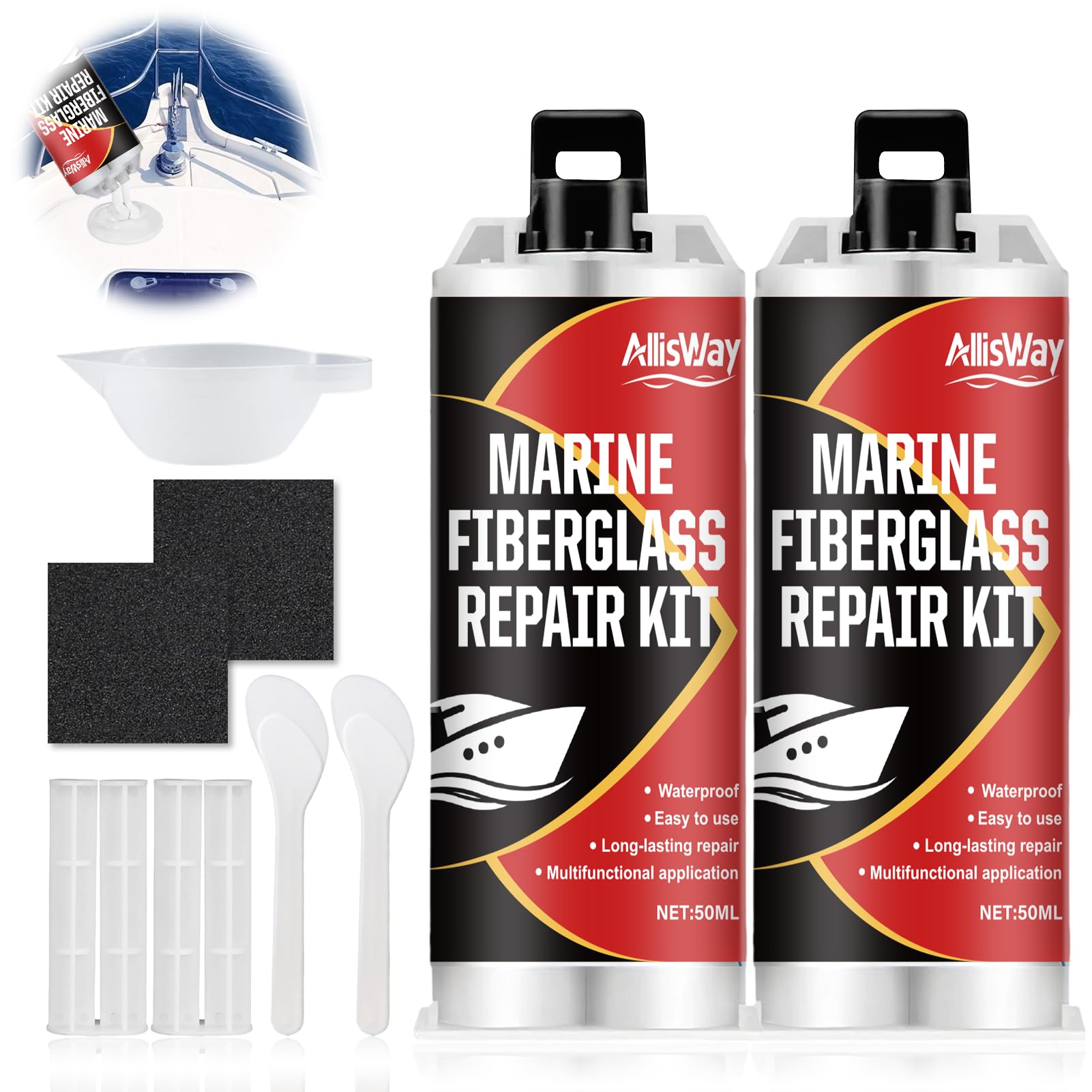 Kit Riparazione Vetroresina Bianco, Kit Vetroresina, Gelcoat Bianco Nautica, Adatto per Barche, Moto d'Acqua, Yacht, Tavole da Surf, Kayak, Impermeabile e Resistente all'Usura, 50 ml×2