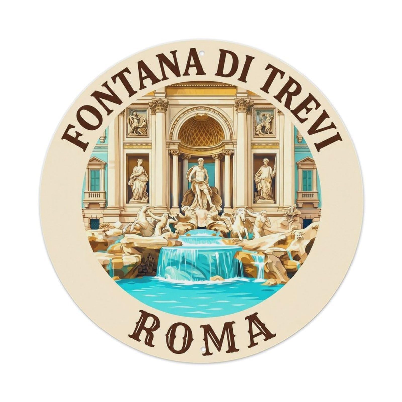 Vintage Travel Trevi Fountain Roma Metal Tin Sign Plaque Wall Decor for Cafe, Club Bar, Office, Home Garden Round Metal Poster 8x8Inch