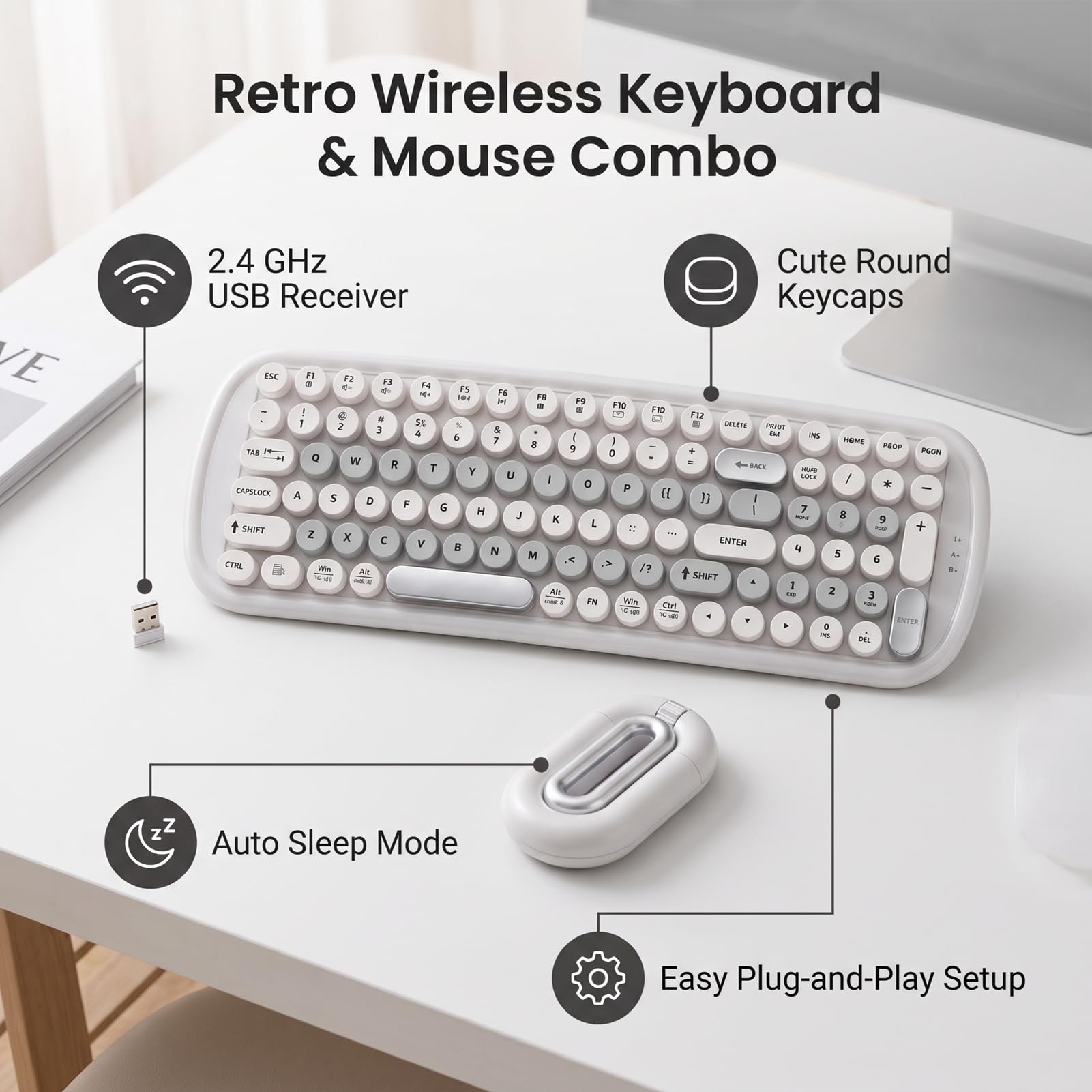 Jectse Retro Bezprzewodowa Klawiatura i Mysz, Okrągłe Klawisze 2,4 GHz