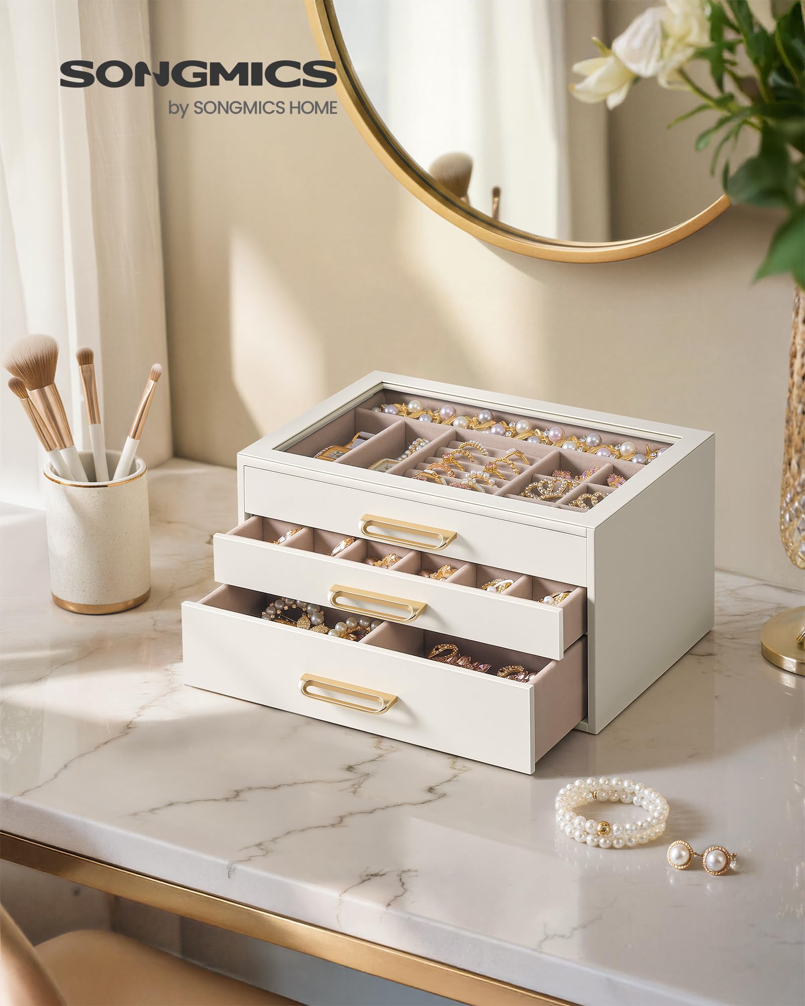 SONGMICS 3-Layer Jewelry Box with Glass Window, Jewelry Storage Organizer with 3 Drawers, Golden Handles, for Rings, Earrings, Bracelets, Gift Idea, Cream White, 16 x 24 x 12.5 cm UJBC206WD01 - 3