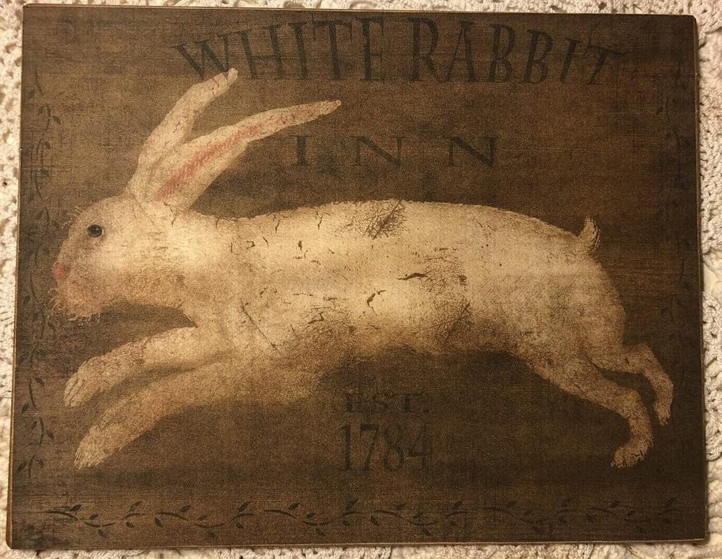 Sitrmgh Tin Sign White Rabbit Inn Est 1784 Primitive Folk Art Plaque Decorative Sign Retro Metal Vintage Sign For Home Coffee Shop Wall Decor 8X12 Inch