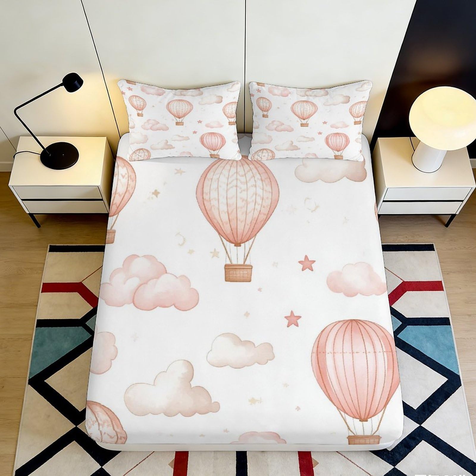 3D Printed Hot Air Balloon Fitted Sheet Microfiber Soft Clouds Bed Cover for Bedroom Dorm Decor Mattress Protection 90x200x25cm