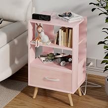 Aenuert Night Stand with Charging Station, Pink Nightstand with Drawer, 3-Tier Wooden Bedside Table with USB Ports and Outlets, End Table for Small Space, Living Room, Bedroom