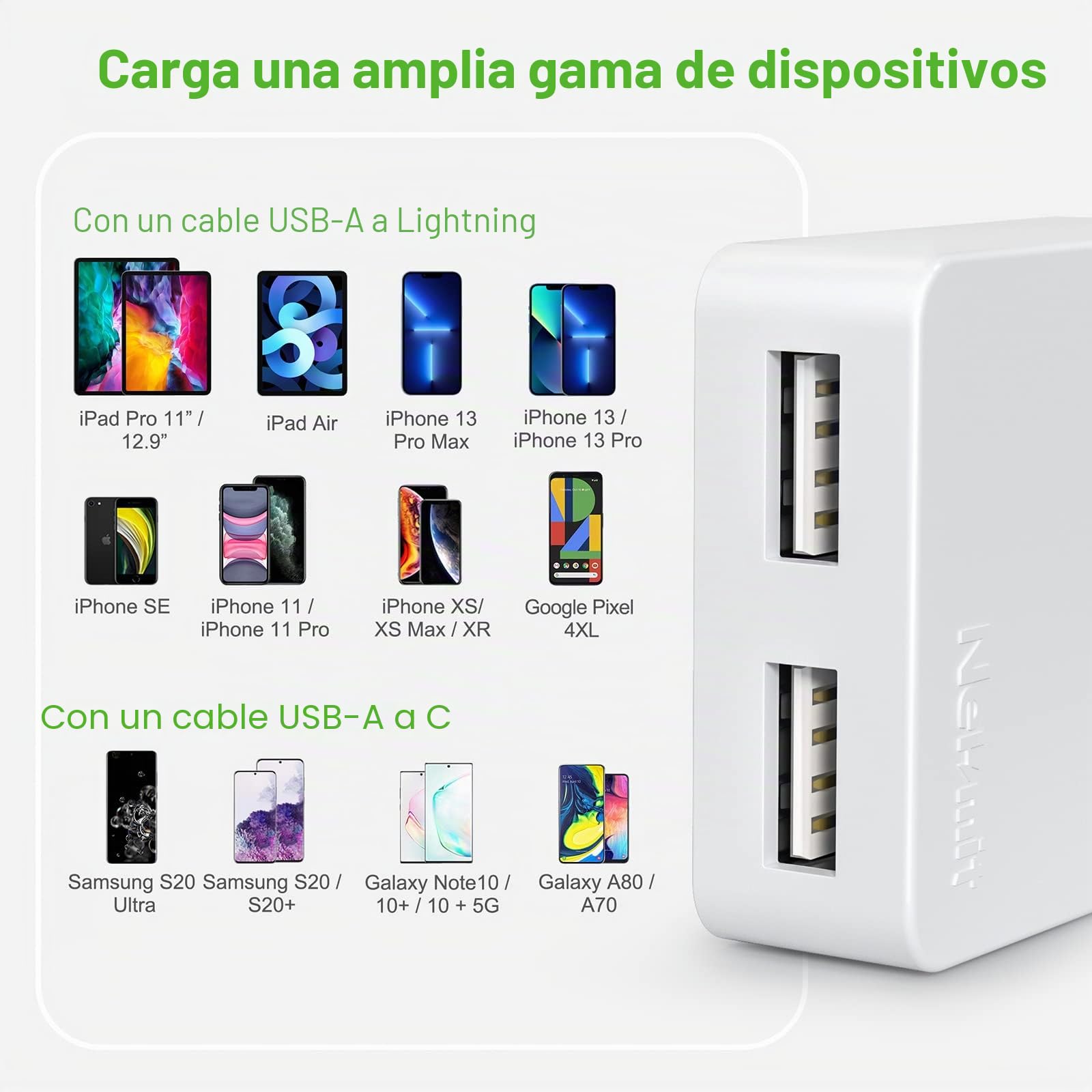 Nekmit Cargador de pared USB plano ultrafino de doble puerto con IC inteligente, color blanco