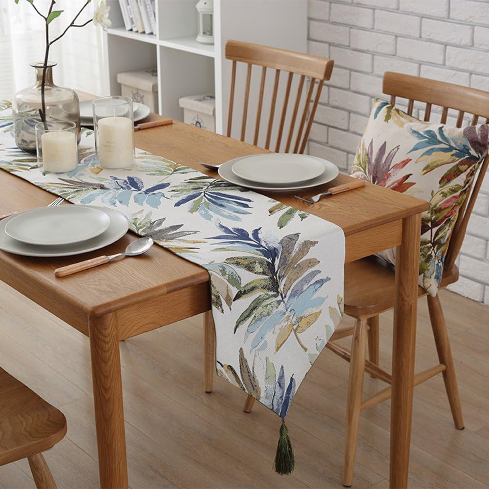HOLY HOME Table Runner Tropical Plant Floral Leaf American Rural Wind Jacquard for Guests Reception Party Getting-Together Wedding Cerebration and Christmas Home Décor (Blue 13"x63")