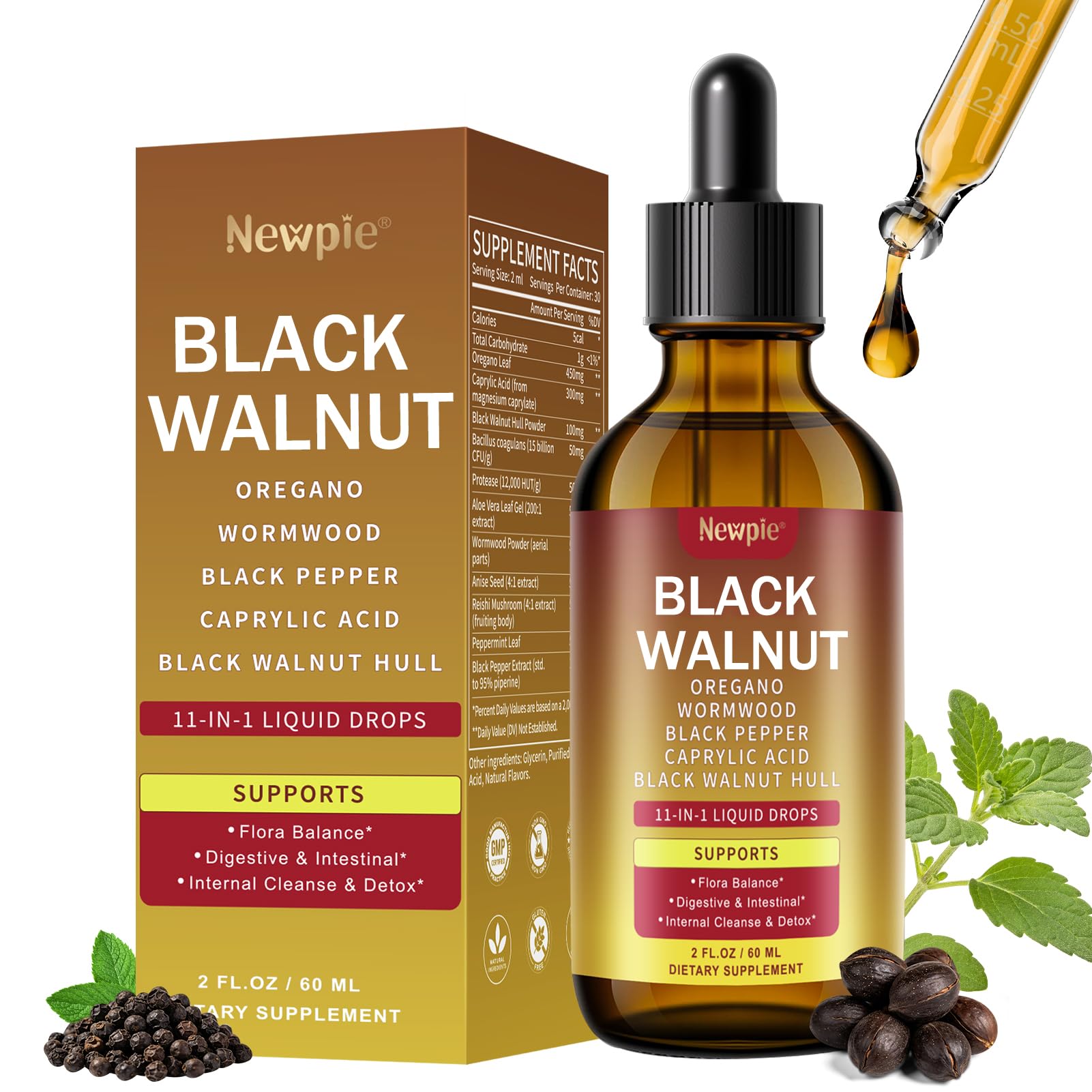 Montorchid Suplemento líquido com ácido caprílico, orégano, noz-preta e pimenta-preta, 60 mL