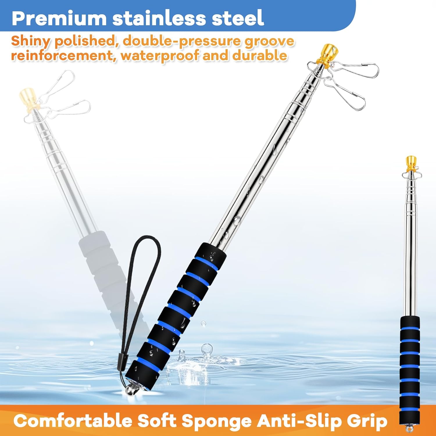 2 Pack Telescopic Portable Handheld Flag Pole 9.8Ft/3M Stainless Steel, Retractable Hand Held Flagpole for Carrying, Telescoping Tour Guide Flagpoles for 3x5 4x6 Flag with 4 Pcs Clips (Black+Blue)