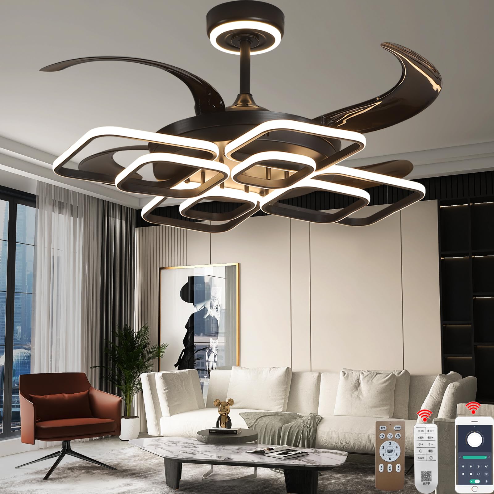 Photo 1 of DXDEGNCAI 48 Inch Retractable Fandelier Ceiling Fan Chandelier with Lights and Remote for Bedroom Indoor Decoration, 3 Color Changeable, Dimmable with App, Timer Setting, Black