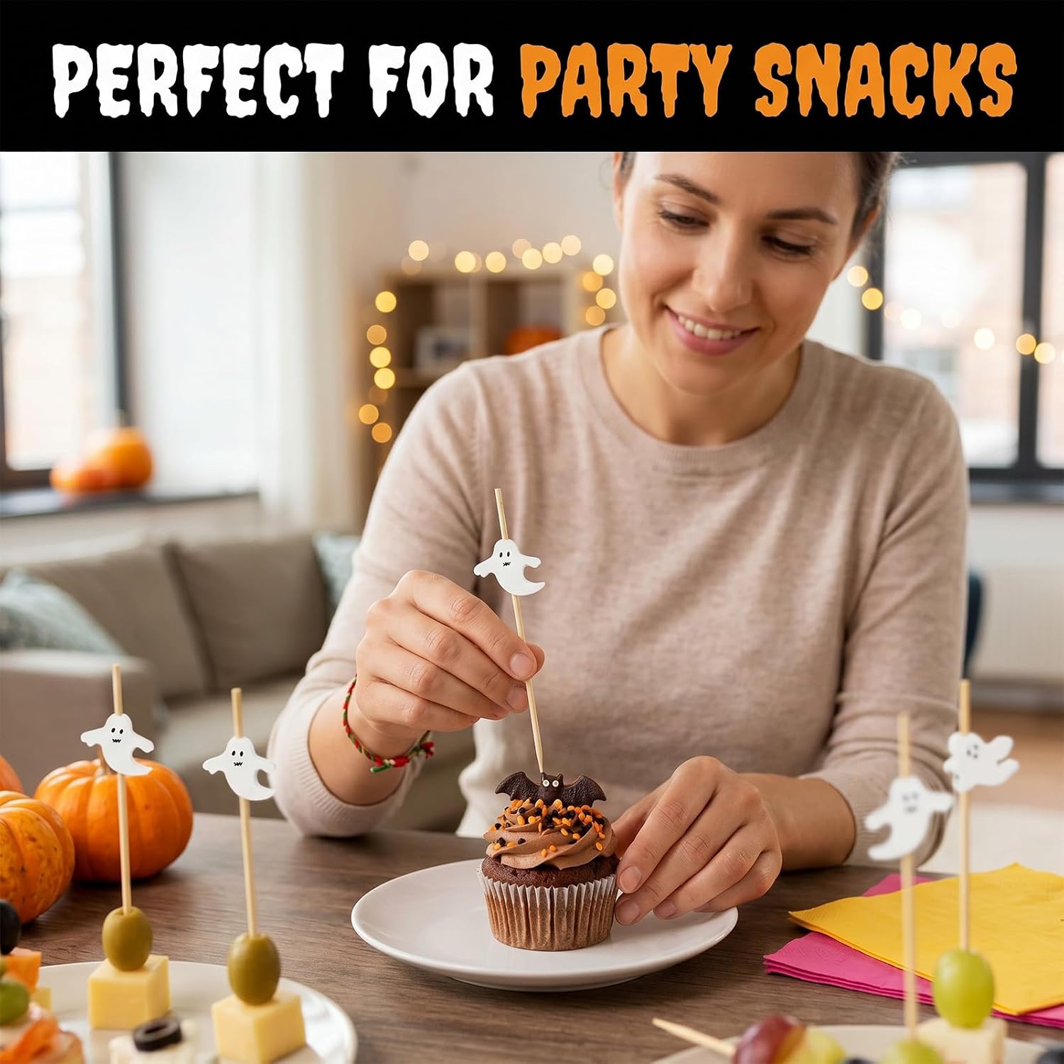 100Pcs Halloween Ghost Bamboo Toothpicks for Appetizers, Fancy Cocktail Picks for Drinks & Charcuterie Boards, Decorative Food Skewers Spooky Party Supplies, Hosting Essentials for Buffet Cake Pop