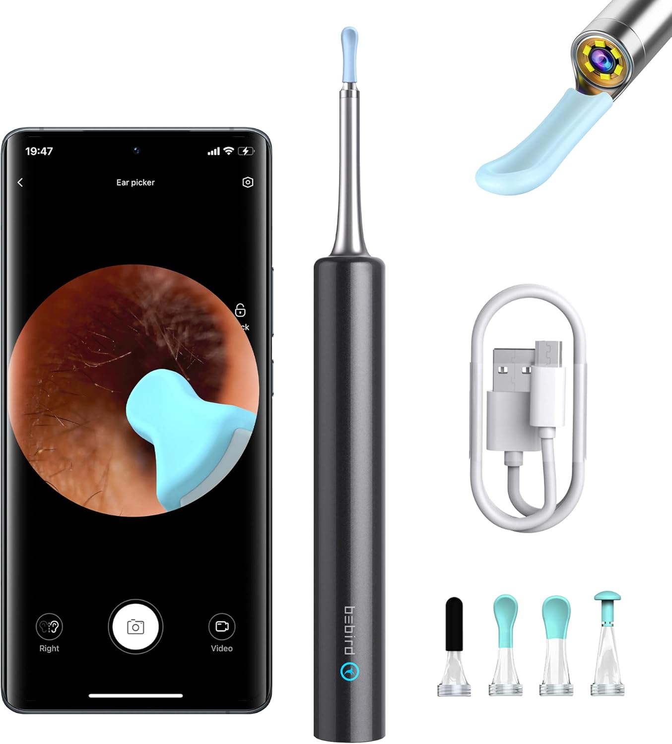 BEBIRD Ear Wax Removal, Ear Cleaner with Ear Camera, 5 Megapixels 1080P Ear Scope, Ear Picker with 6 LED Lights, Full Set Ear Wax Removal Tool with 4 Ear Scoops, Black