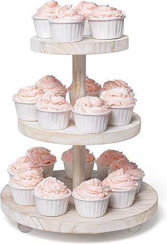 Miniatura 1 de Soporte redondo para cupcakes de 3 niveles, soporte de madera para pasteles con decoración de bandeja escalonada, soporte rústico para tartas,