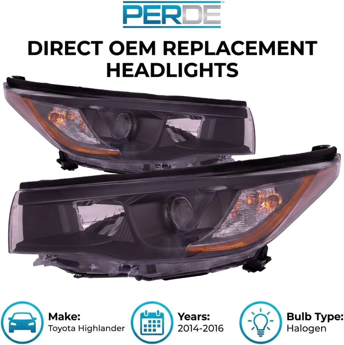 PERDE Headlights Set Black Housing With Clear Lens Compatible with Toyota Highlander 2014-2016