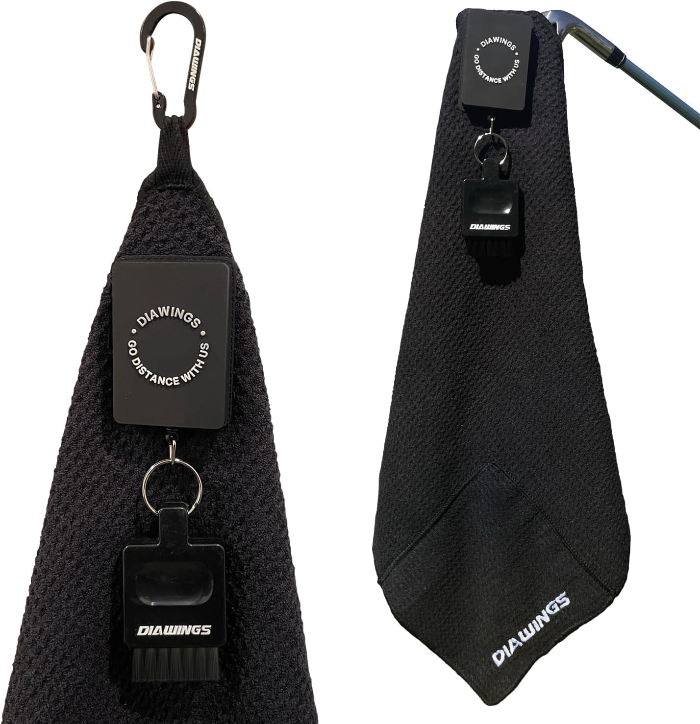 Diawings All in One Golf Towel, 5-in-1 Multi-Functional Golf Towel, with Magnetic Hold, Waffle Weave Microfiber Club & Ball Towel, Retractable Brush, Carabiner Clip – Ultimate Golf Accessory (Black)