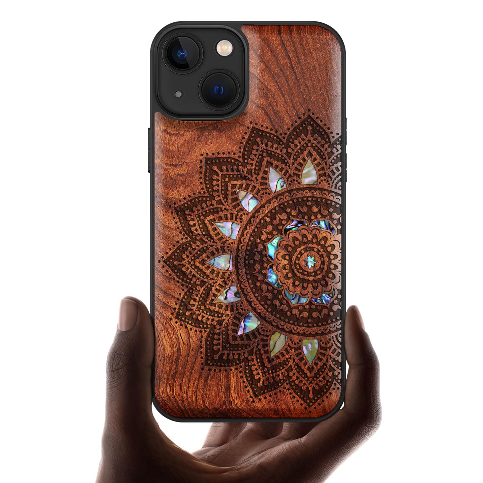 Carveit Custodia Compatibile con MagSafe per iPhone 13 Cover, Incisione in Legno e intarsio di cozze per Apple 13 Custodia Magnetico TPU Case (Rosea Legno-Arte del mandala)