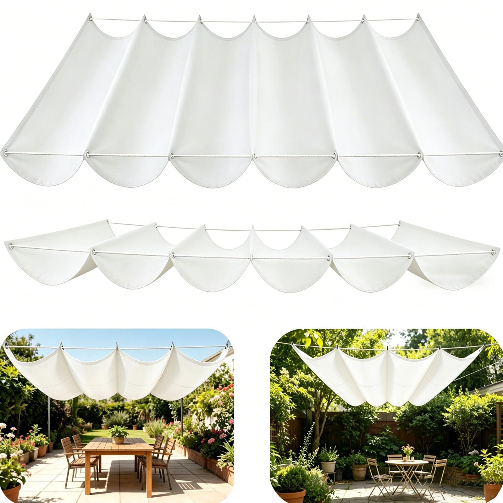 Retractable Sun Sail Shade Canopy for Outdoor Use, Retractable Wave Sun Shade Sail, Wave Design, Thickened Fabric, Block With Rope Patio Awning Cloth Durable Garden Shade Sail-Pure white||80x650cm