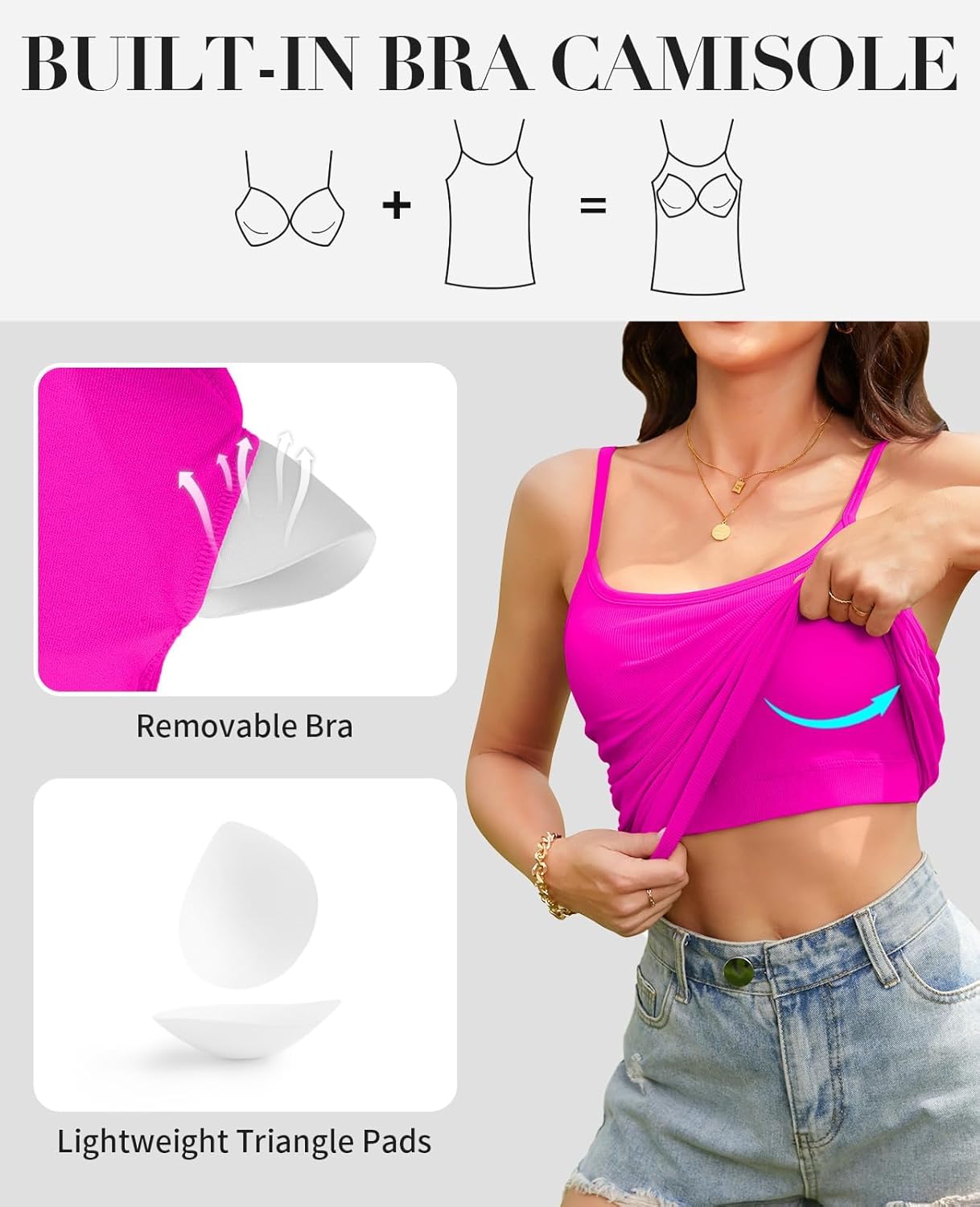 V FOR CITY Ribbed Camisole Tops for Women with Built-in Bra Adjustable Straps Cami Scoop Neck Side Ruched Layering Tanks - Image 2