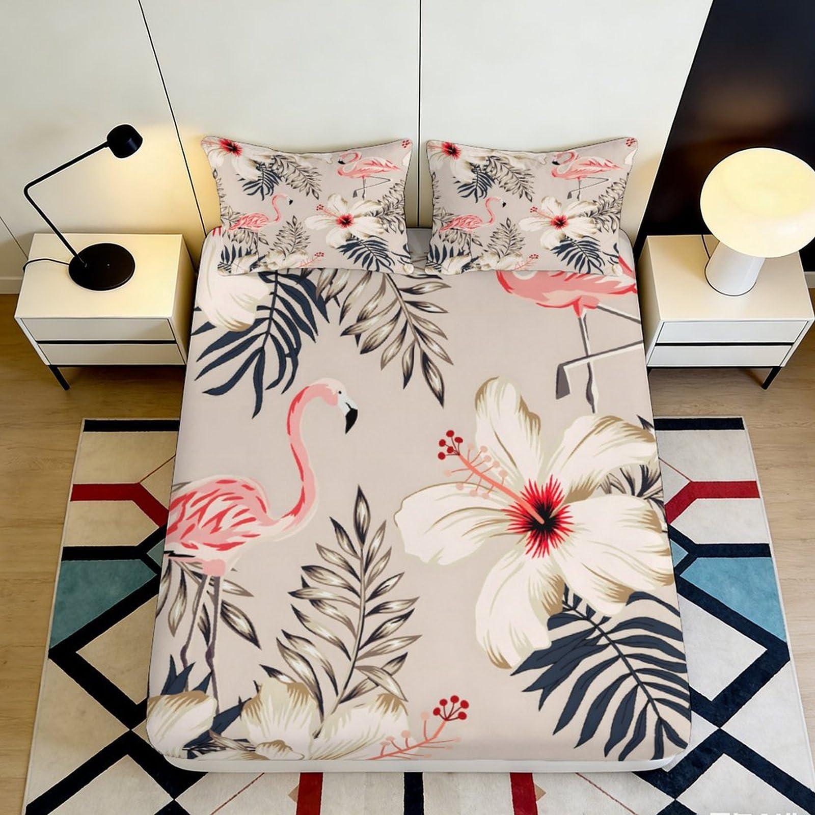 3D Printed Tropical Flamingo Fitted Sheet Microfiber Non-Slip Deep Pocket Botanical Mattress Fitted Cover Bedroom Bedding 160x200x25cm