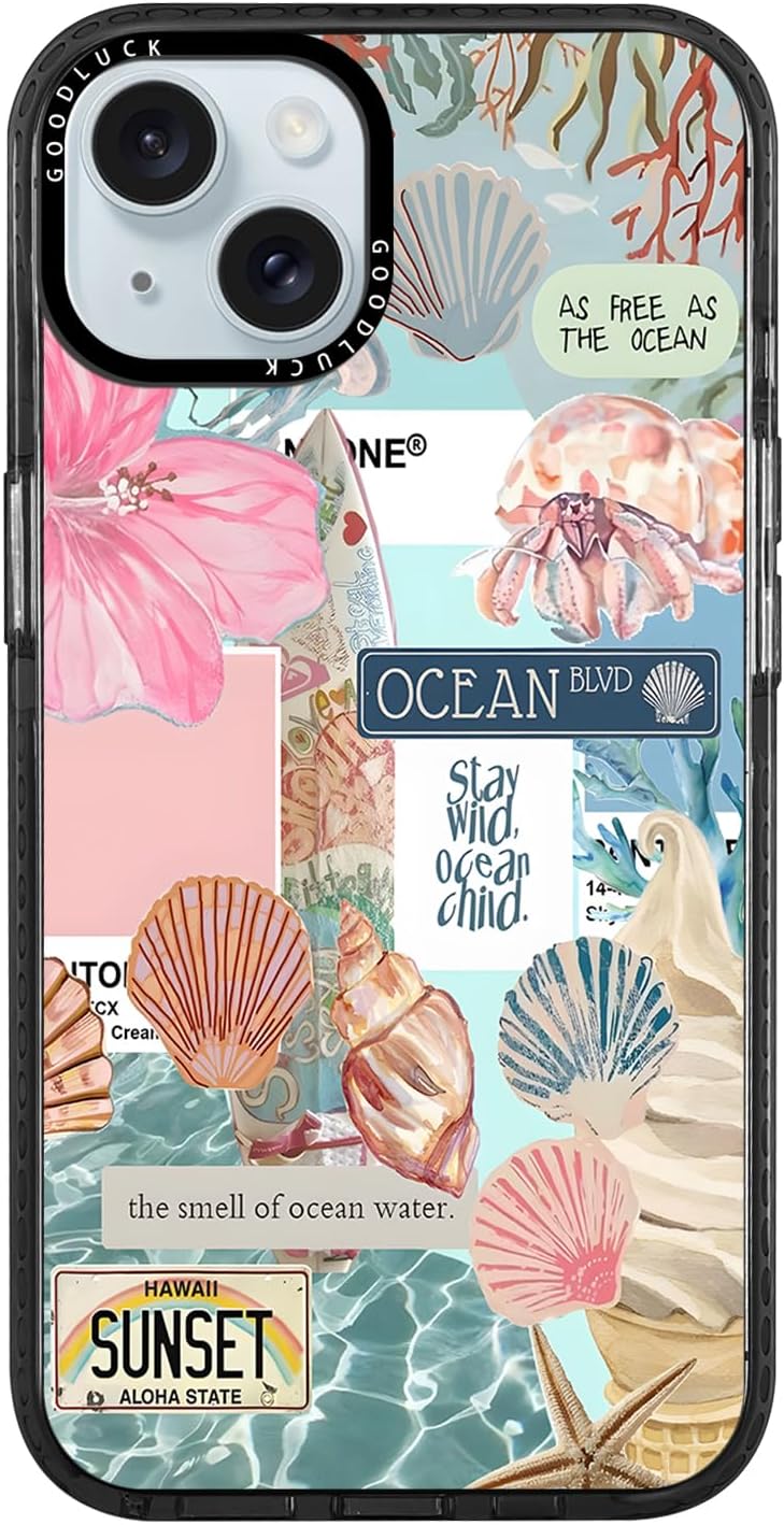 Cute Clear Summer Ocean Phone Case for iPhone 15 6.1", Aesthetic Colorful Sea Shell Coral Pattern Design Girls Women Black Cover Shockproof Soft Slim TPU Bumper Protection Funda