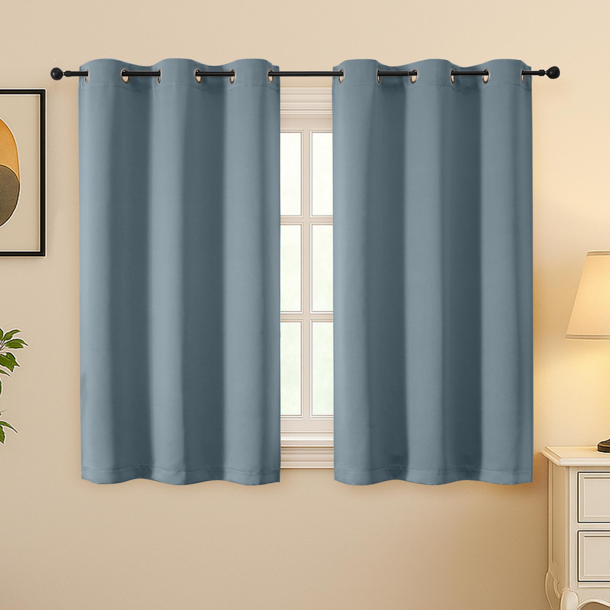 Simplebrand Stone Blue Room Darkening Curtains for Bedroom 45 Inches Long 2 Panels Set, Sunlight Blocking Curtains for Small Windows, Grommet Energy Saving Thermal Insulated Short Drapes, 40Wx45L