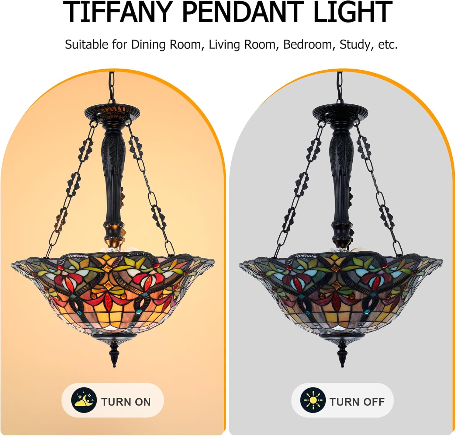 Vintage Pendant Light Fixture, 18'' Rustic Stained Glass Inverted Ceiling Lamp for Dining Room, 3 Lights Semi Flush Mount Pendant Light for Kitchen Living Room Bedroom Entryway
