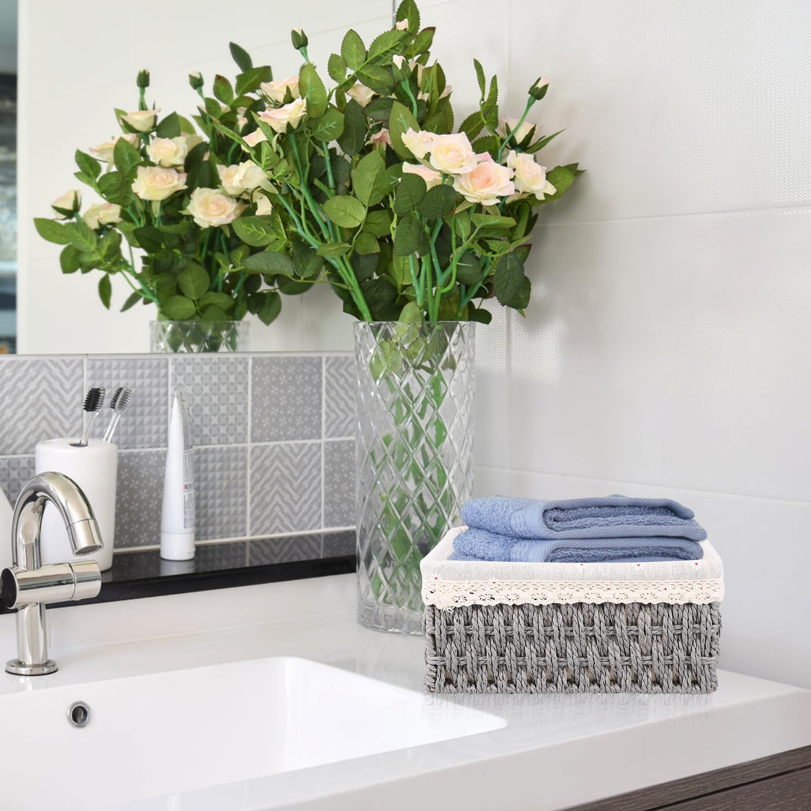 Set 3 Cestini Portaoggetti da Scrivania in Rattan Intrecciato Grigio, Organizer Compatti per Casa e Ufficio, Contenitori Multiuso per Piccoli Oggetti
