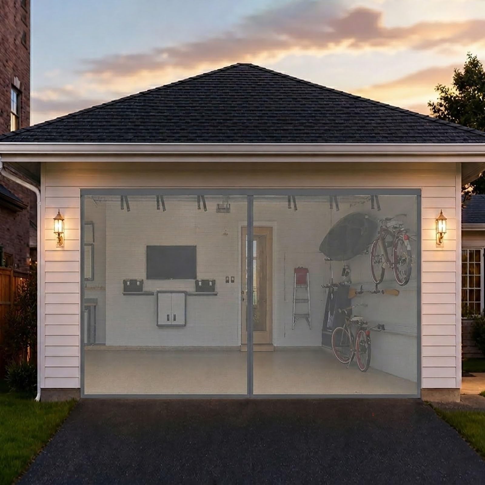 Fly Screens for Doors Magnetic, Heavy Duty Fiberglass Garage Door Screen with Weighted Bottom Roll Up Ties, Self-Sealing Hands Free Curtain for Garage Patio Garden Shed(Gray,250x230cm)