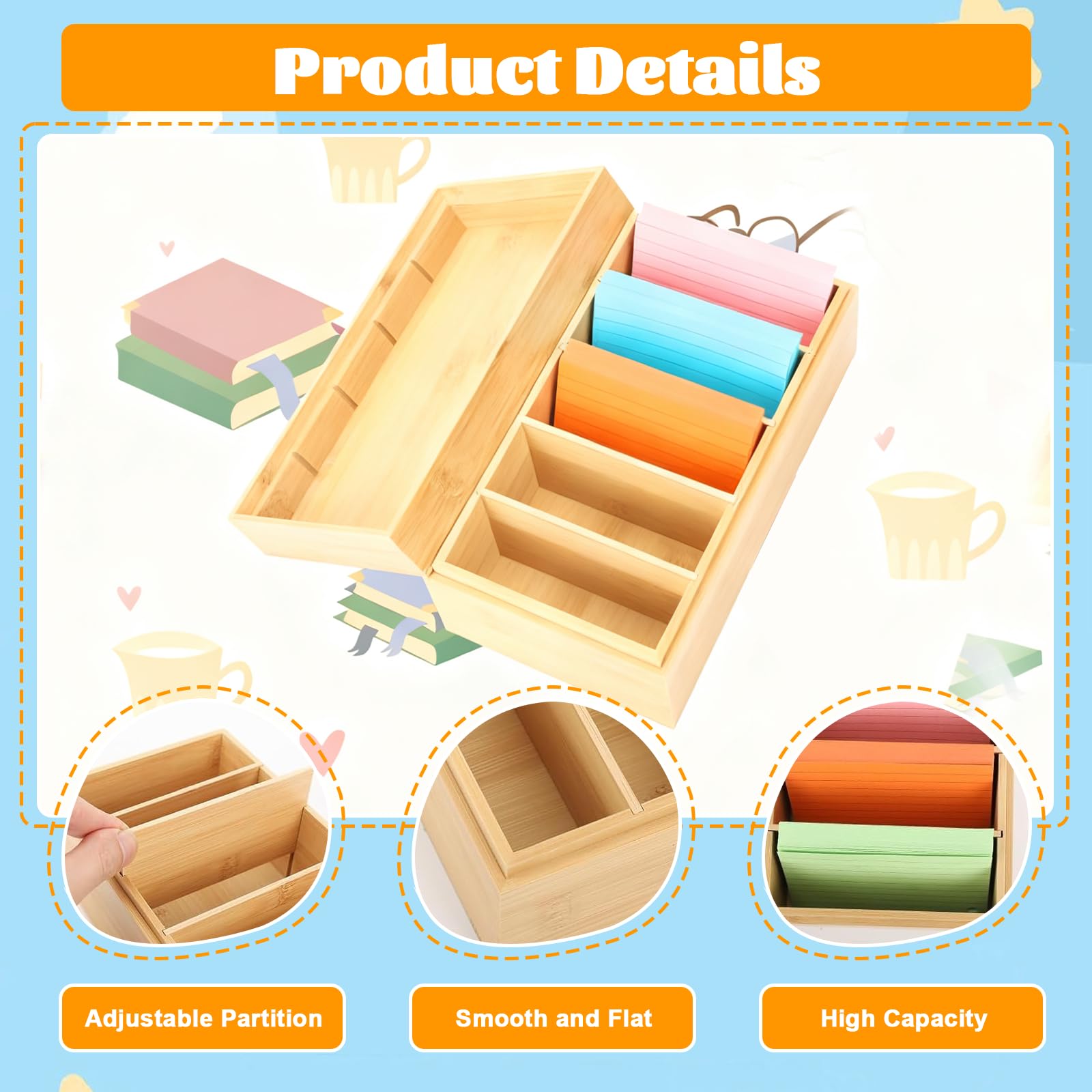Caja para Flashcard de Madera de Bambú, Porta Fichas A7 con Tapa, 22.5x12.8x9.1cm, Caja para Tarjetas, Archivadores de Fichas para Estudios, Oficina, Casa, Escritorio, Organización