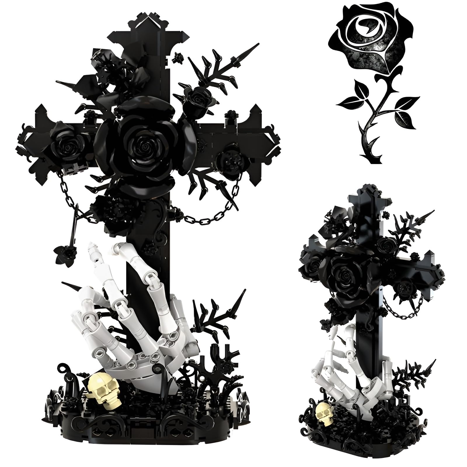 QuirkQuest Gothic Black Rose & Cross Building Set, Dark Fantasy Decor for Adults Bricks Kit, Skeleton Hand with Skull Collectible Model, Unique Halloween Romantic Gifts, Spooky Themed Toys Display