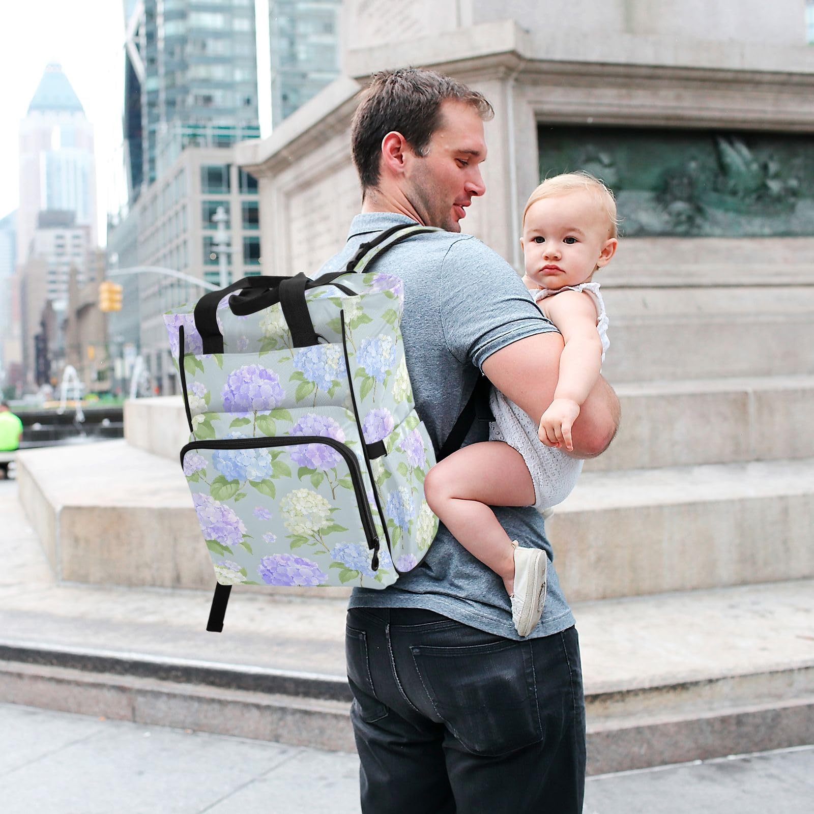 Mnsruu Zaino per pannolini per bambini con motivo ortensia blu grande borsa impermeabile per pannolini da viaggio per mamme e papà