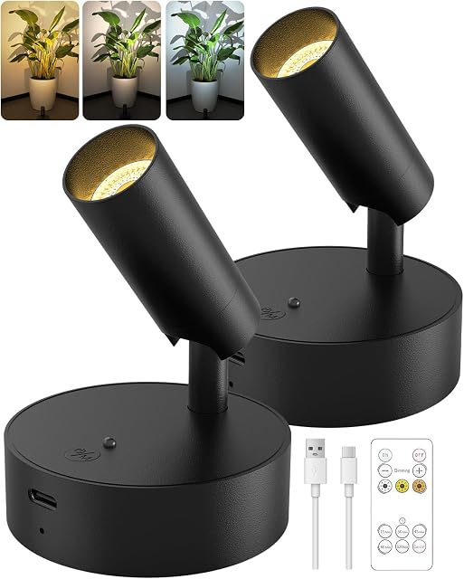 GOODEA Spotlights Indoor, 3000mAh Rechargeable Battery Plant Spotlight Indoor with Remote, Wireless Led Uplighting with 3 Colors & Timer, Mini Picture Light for Painting, Accent Lighting (2 pcs)