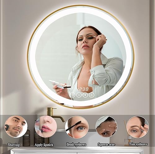 Miniatura 5 de Espejo de baño con marco dorado LED de 24 pulgadas con luces para pared, gran antivaho con luz LED, espejo de tocador para dormitorio, espejo de